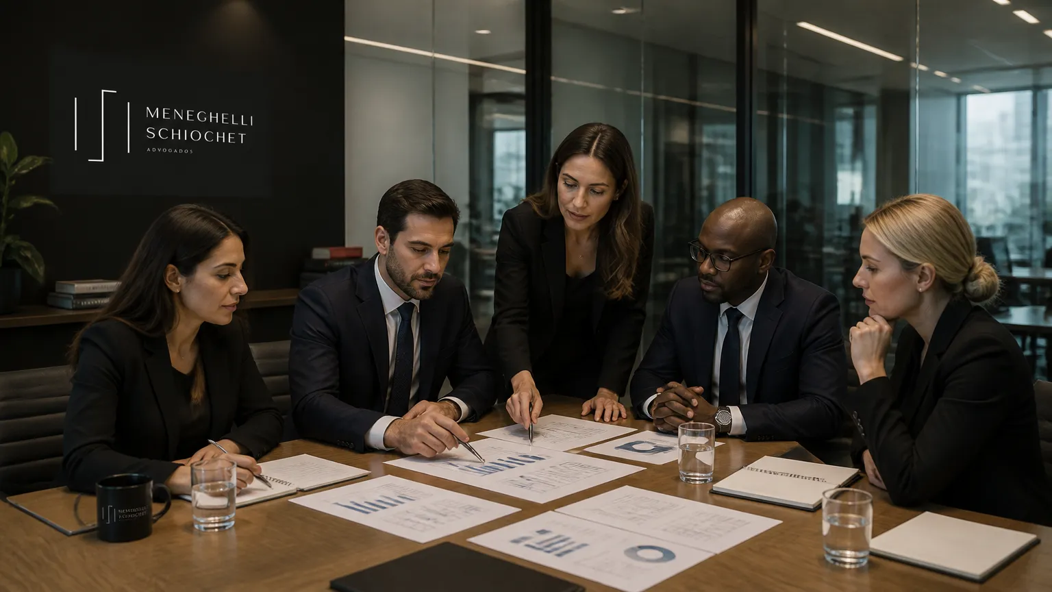 Gestores analisando planejamento estratégico e segurança em direito empresarial.