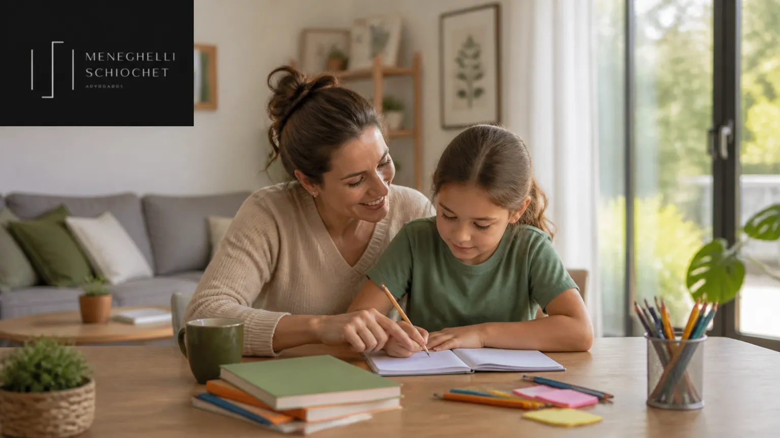 Mãe e filho em ambiente acolhedor após definição de guarda e pensão no divórcio.
