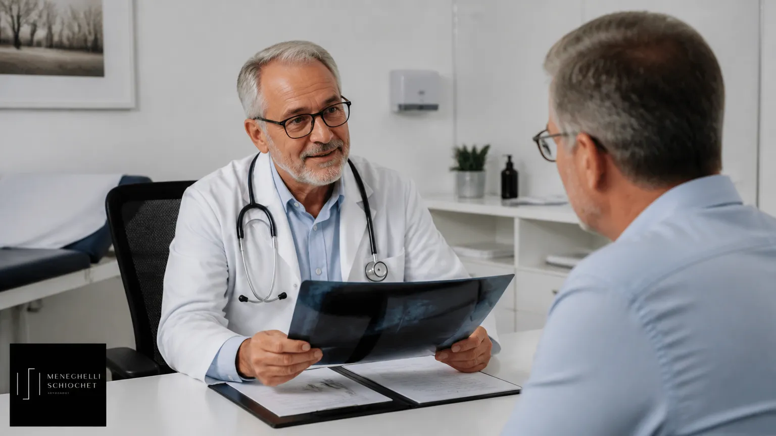 Pericia medica avaliando direito previdenciario aposentadoria por invalidez em consultorio moderno.
