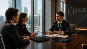 Reunião executiva de consultoria em advocacia direito empresarial com advogados e empresários.