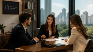 Advogada e empresários em reunião estratégica sobre direito empresarial em escritório moderno.