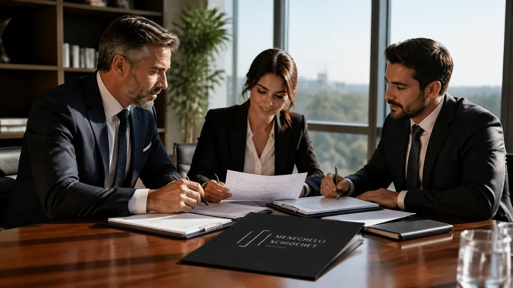 Reunião executiva estratégica definindo a governança corporativa em ambiente empresarial moderno.