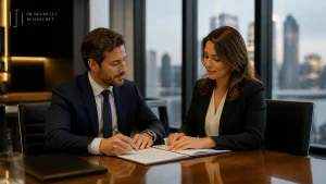 Sócios analisando contratos de direito empresarial sociedades em reunião estratégica e profissional.