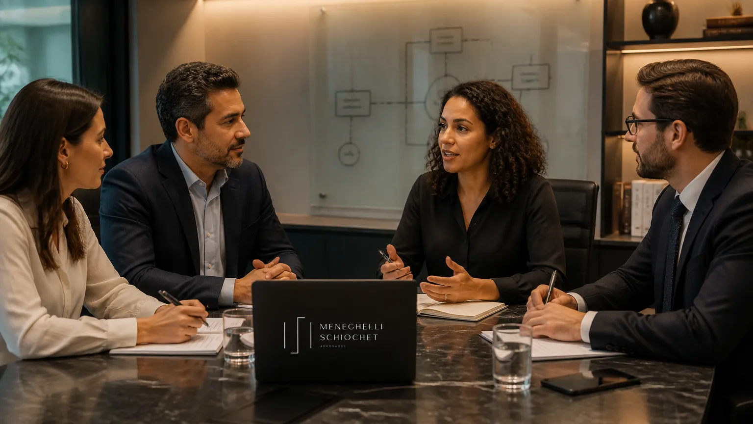 Sócios alinhando governança e direito empresarial sociedades em sala de reunião corporativa.